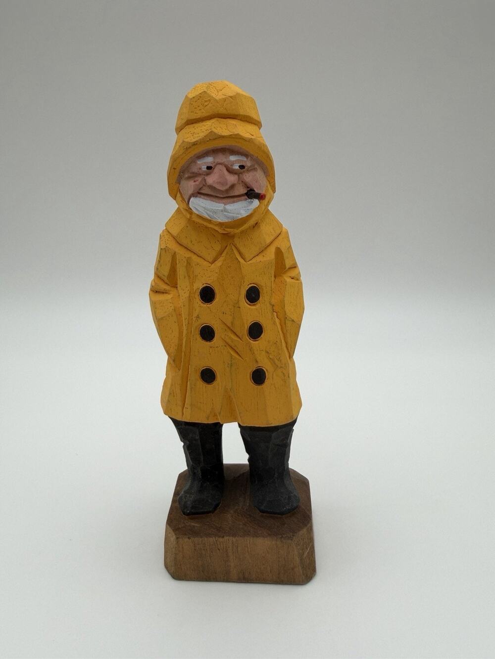 Hand-Carved Wooden Folk Art Fisherman 6" Figurine Yellow Jacket & Hat